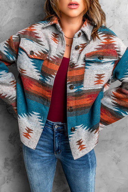 Multicolor Aztec Print Lapel Button Shirt Jacket