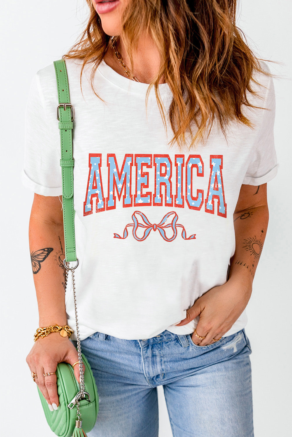 White AMERICA Bow Knot Print Crew Neck Casual Tee