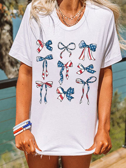 American Flag Print Bowknot Graphic Tee in White