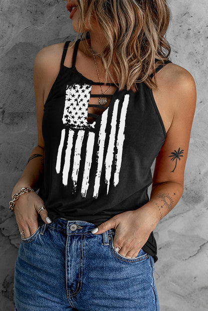 Black American Flag Print Cut Out Spaghetti Strap Tank Top