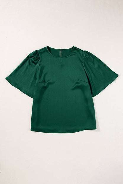 Blackish Green Solid Color Satin Keyhole Back Wide Sleeve Blouse