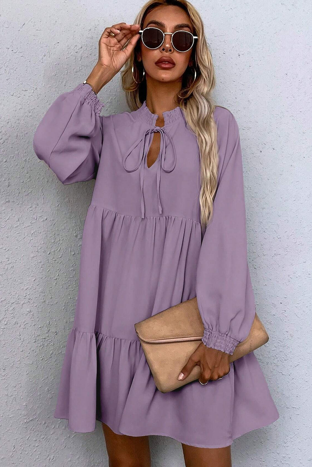 Lavendula Tie Split Neck Smocked Detail Long Puff Sleeve Ruffle Hem Loose Dress