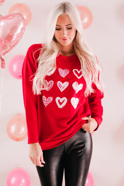 Fiery Red Hearts Print Crewneck Long Sleeve Sweatshirt