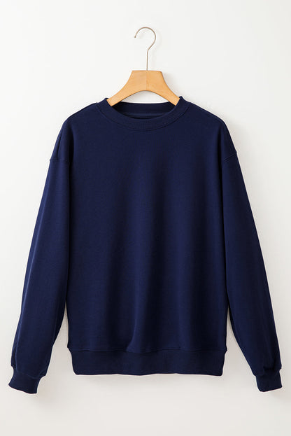 Navy Blue Solid Fleece Lined Drop Shoulder Terry Sweatshirt