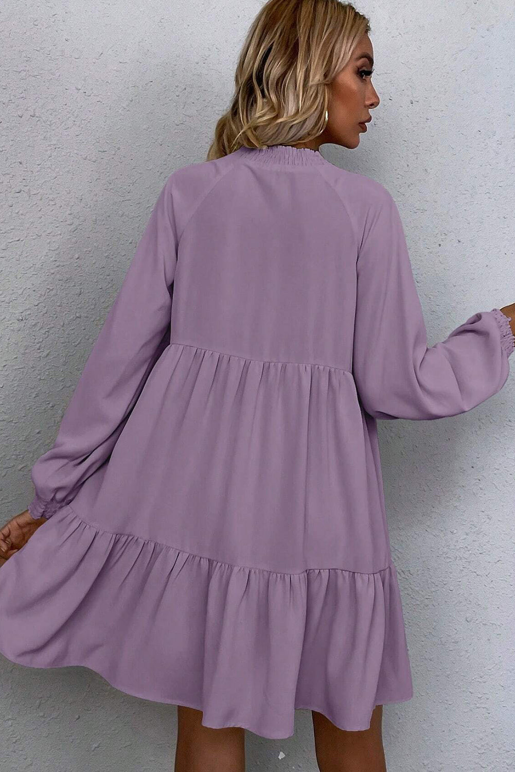 Lavendula Tie Split Neck Smocked Detail Long Puff Sleeve Ruffle Hem Loose Dress