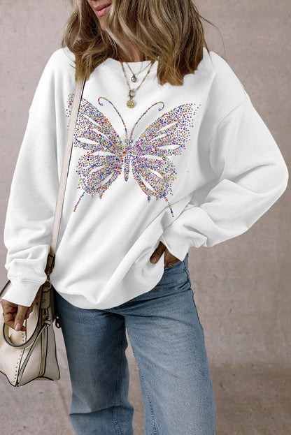 White Rhinestone Butterfly Graphic Crewneck Oversized Sweatshirt