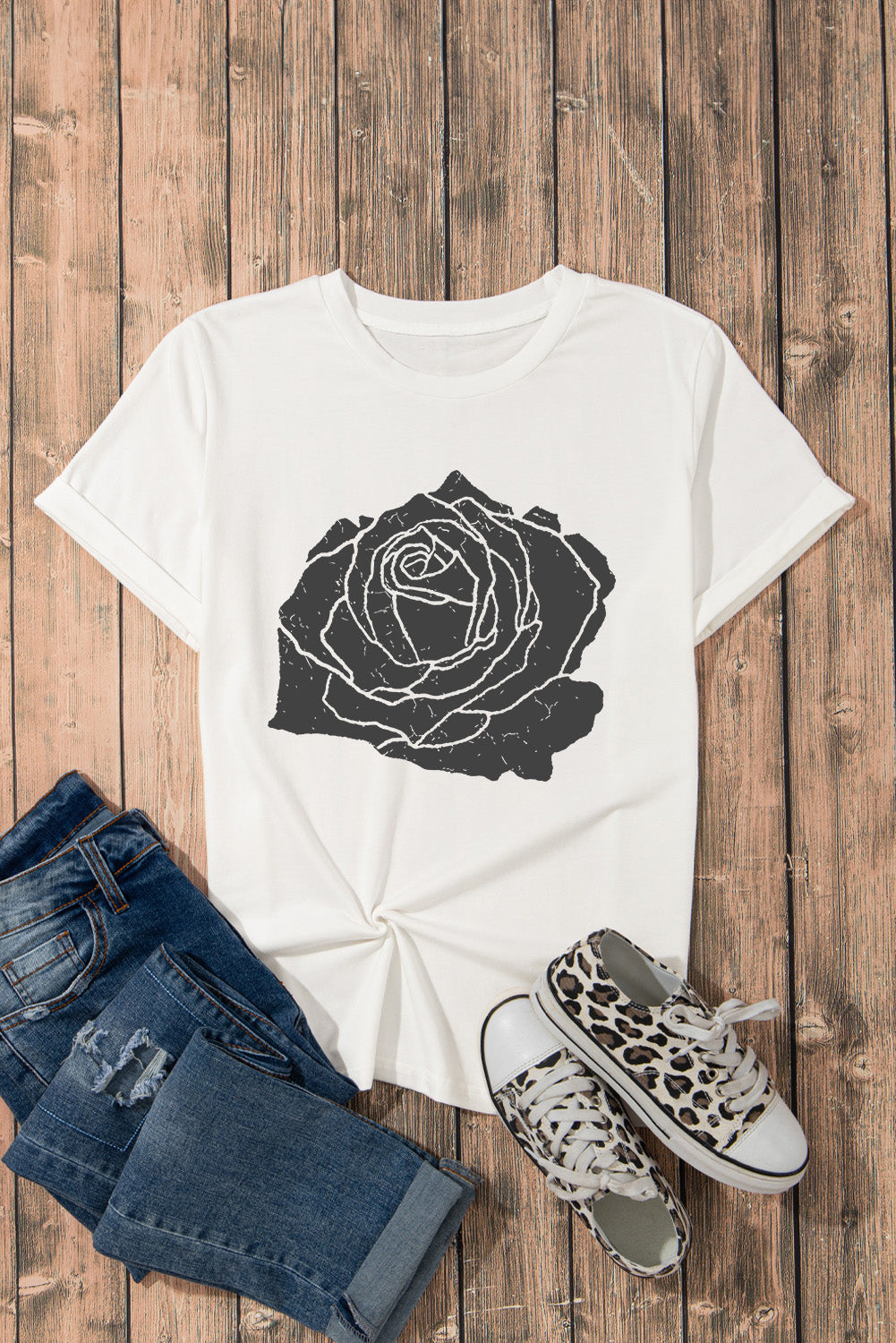 White Large Rose Print Round Neck T Shirt