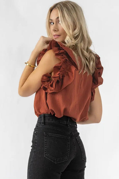 Red Sandalwood Ruffle Trim Sleeveless Blouse