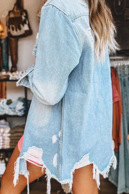 Beau Blue Light Wash Distressed Frayed Long Denim Jacket