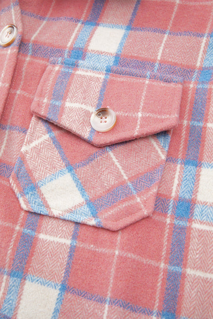 Pink Plaid Flap Pocket Button Up Shacket