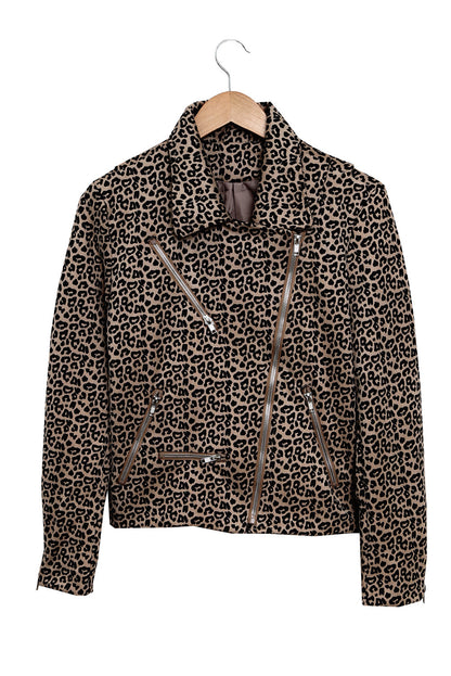 Leopard Zipped Notch Collar Short Jacket