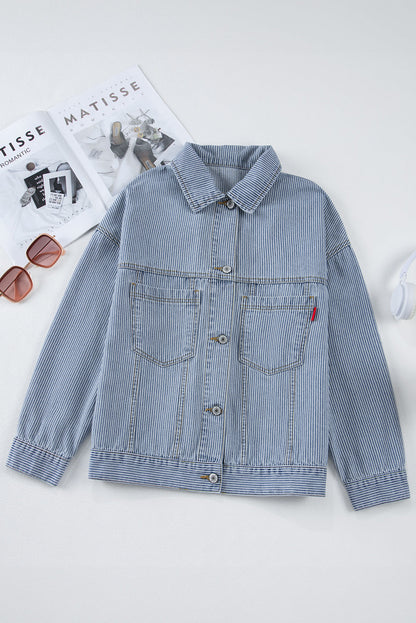 Sky Blue Stripe Washed Oversize Pocketed Denim Jacket