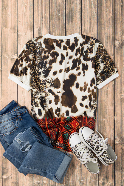 Dark Brown Leopard Aztec COWBOY Steer Head Graphic Crewneck T Shirt