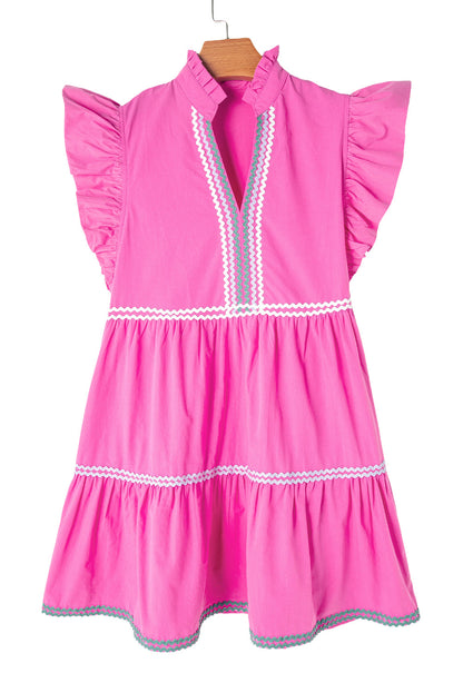 Strawberry Pink Ric Rac Colorblock Flutter Sleeve V Neck Tiered Dress