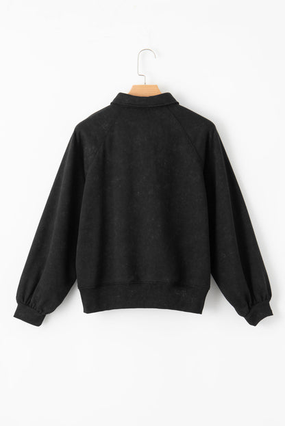 Black Washed Snap Buttons Lantern Sleeve Pullover Sweatshirt