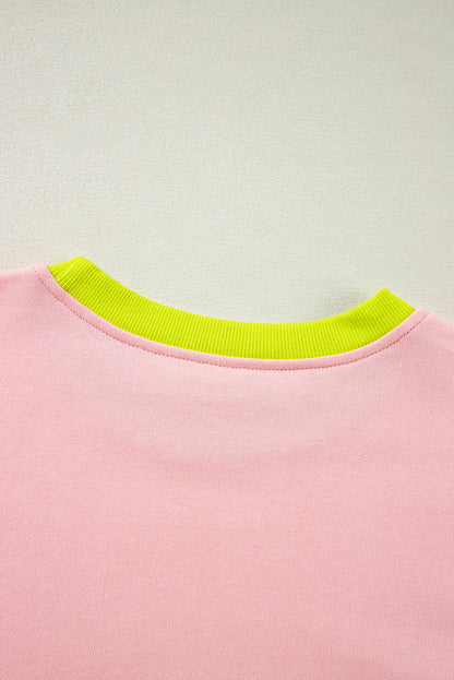 Light Pink Plus Size Colorblock Patchwork Crew Neck Sweatshirt