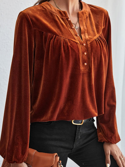 Gold Velvet Pile Neck Pleated Long Sleeve T-Shirt