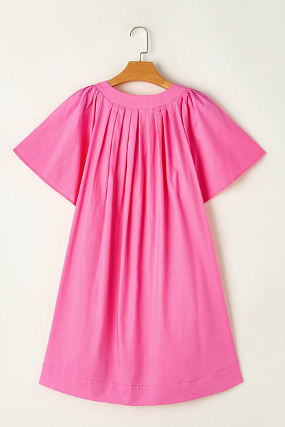 Bonbon Split V Neck Short Flutter Sleeve Pleated Shift Dress