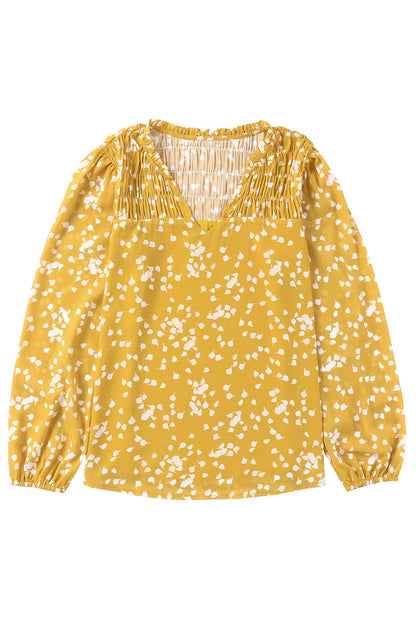 Yellow Floral V-Neck Crinkled Blouse for Early Fall