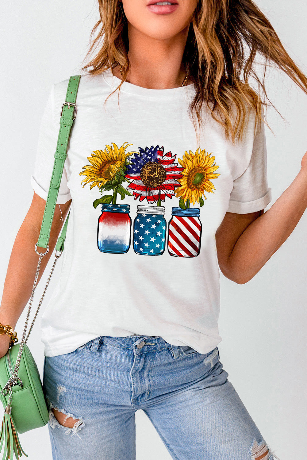 White American Flag Sunflower Graphic T Shirt