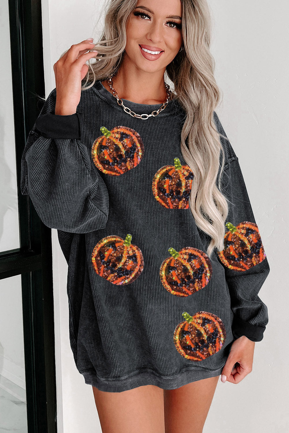 Black Sequined Jack O Lantern Corded Baggy Sweatshirt