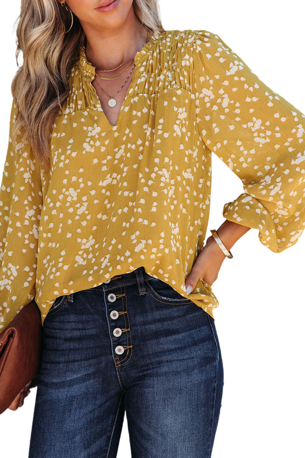 Yellow Floral V-Neck Crinkled Blouse for Early Fall