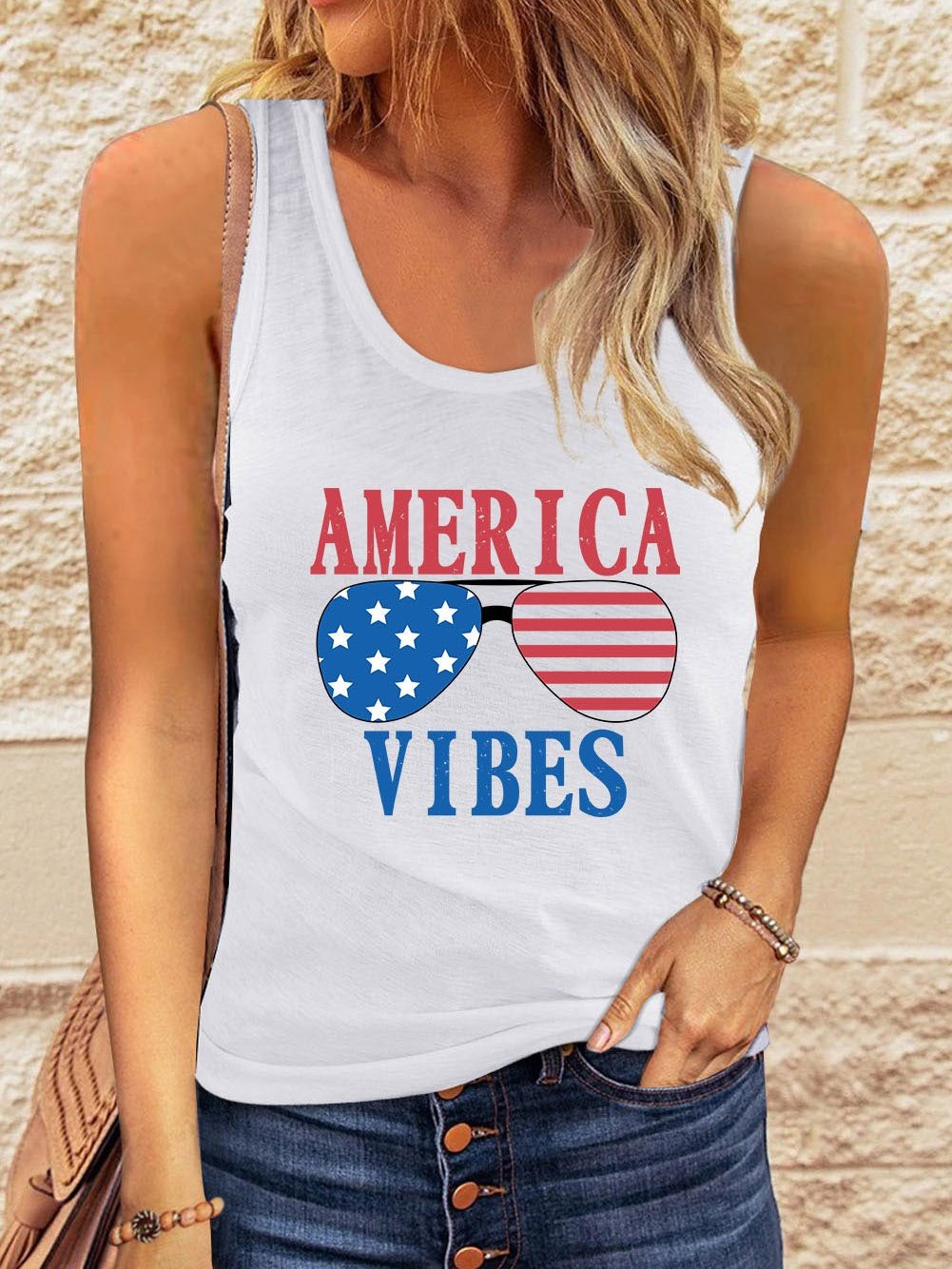 American Flag Print Graphic Sunglasses White Tank Top