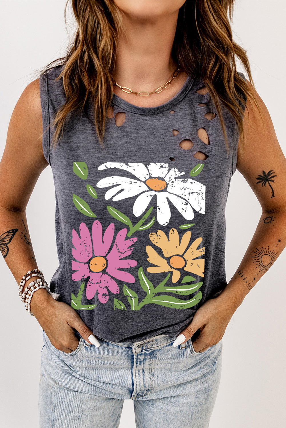 Gray Floral Printed Ripped Crewneck Tank Top