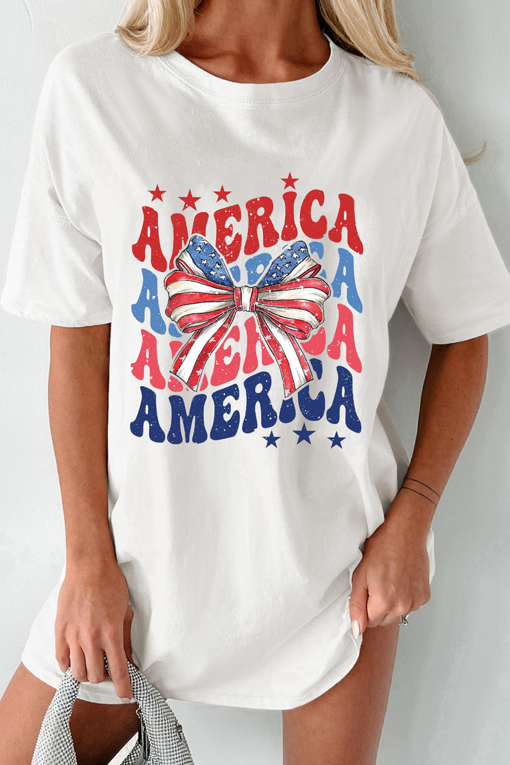 AMERICA's Independence Day Graphic Tee with Star and Stripe Bow Detail