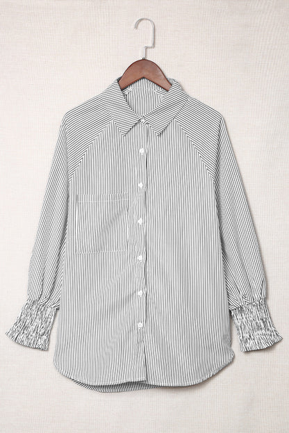 Smocked Cuffed Striped Boyfriend Shirt with Pocket