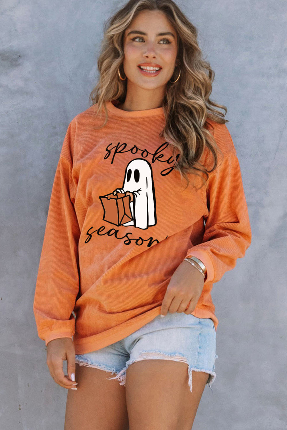 Orange Spooky Season Ghost Print Ribbed Pullover Sweatshirt