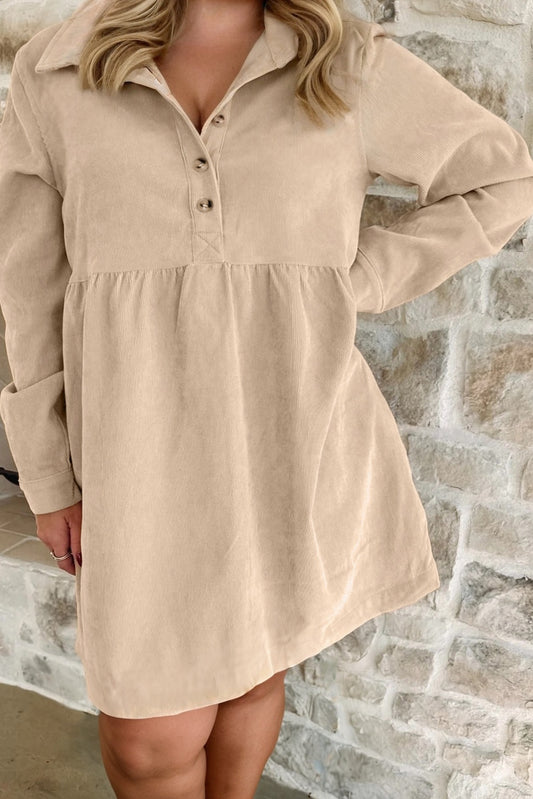 Oatmeal Buttoned Front Collared Plus Size Long Sleeve Mini Dress