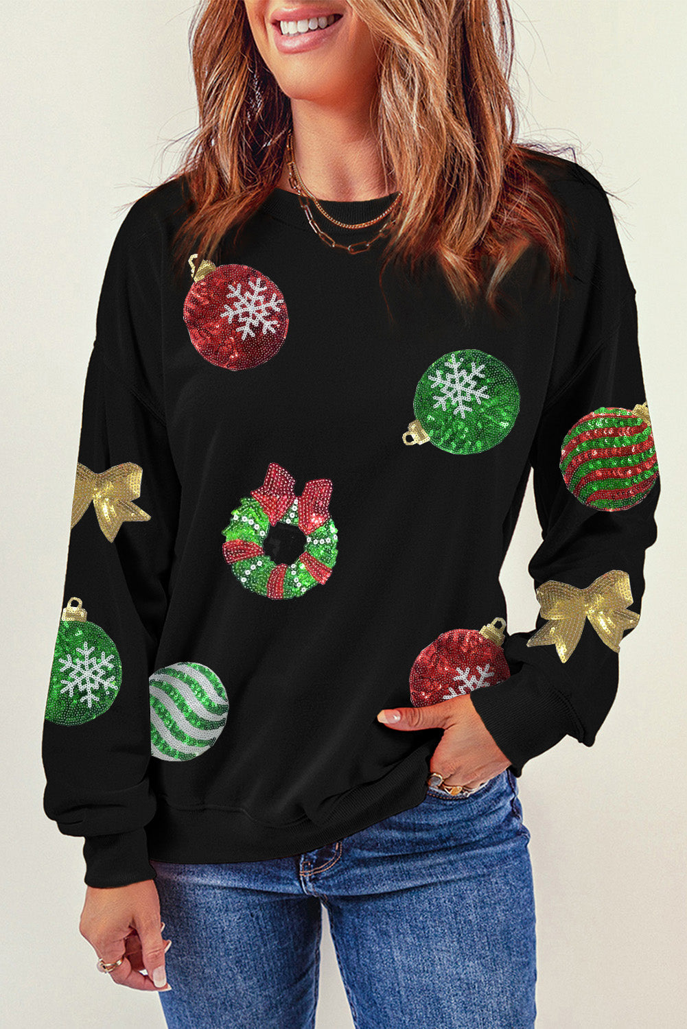 Black Sequined Christmas Graphic Pullover Sweatshirt