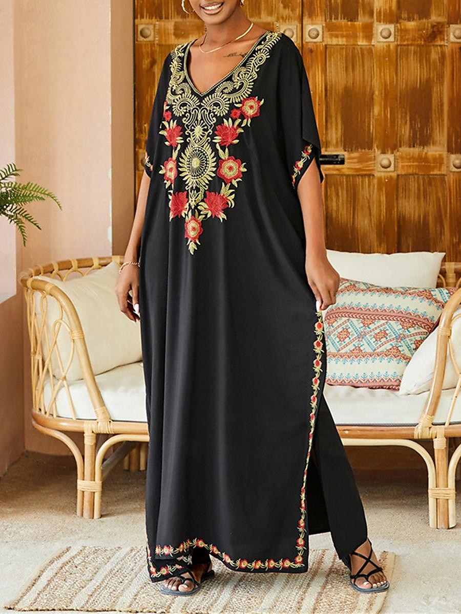 Women's White Dress Summer Dress Cover Up Long Dress Maxi Dress Embroidered Split Vacation Beach Maxi Boho V Neck Half Sleeve Black White Color