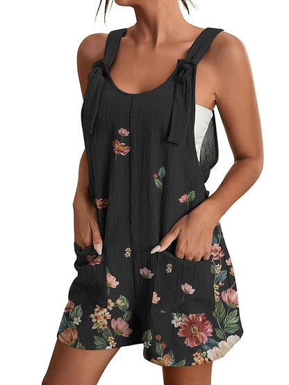 Womens Jumpsuits Casual Summer Overall Pocket Print Floral Crew Neck Streetwear Daily Vacation Regular Fit Sleeveless Black White Yellow S M L - LuckyFash™