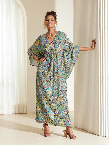 Women's V Neck Flutter Sleeve Maxi Dress 3/4 Length Sleeve Summer