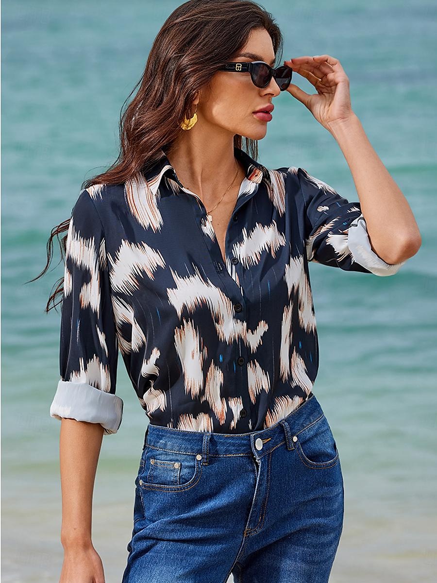 Women's Shirt Blouse Satin Graphic Casual Holiday Button Print Navy Blue Long Sleeve Fashion Streetwear Shirt Collar Spring &  Fall