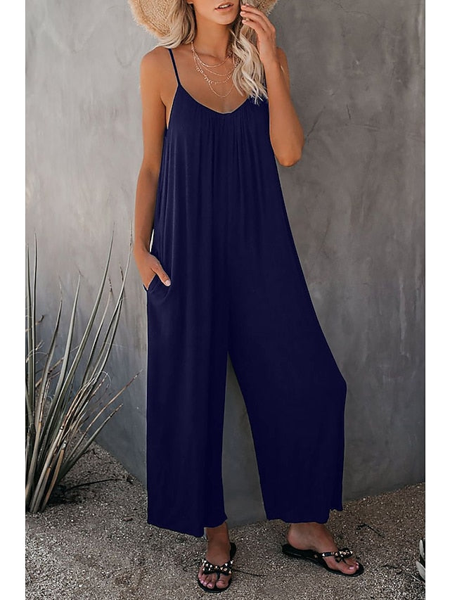 Women's Basic Daily Wide Leg Navy Blue Overall Solid Color - LuckyFash™