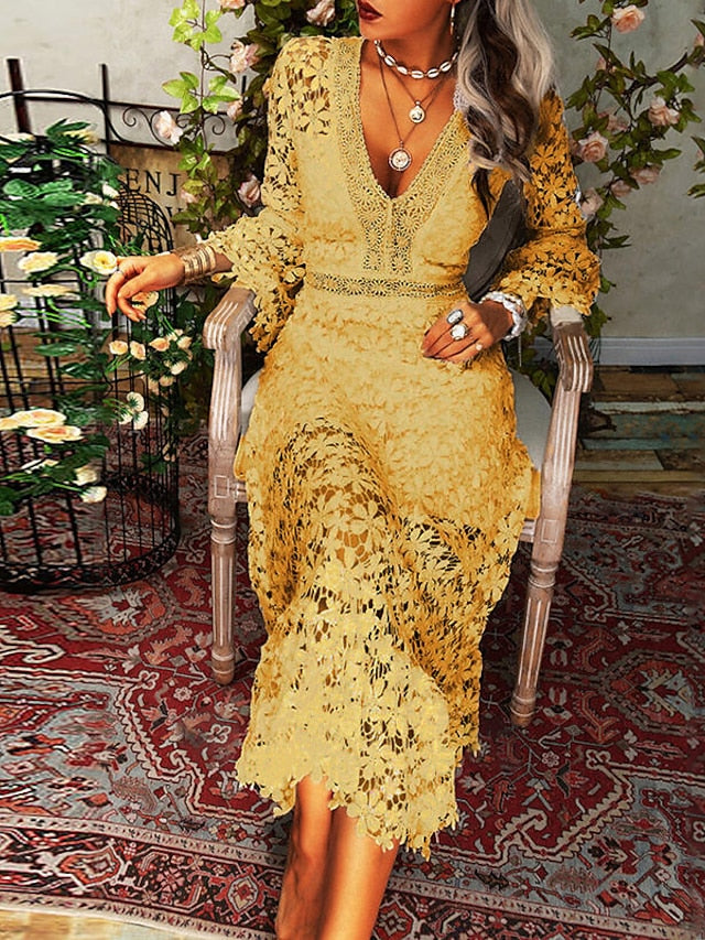 Women's Wedding Guest Dress Party Dress Lace Dress Long Dress Maxi Dress White Yellow Pink Long Sleeve Pure Color Lace Summer Spring Fall Deep V Fashion Winter Dress Birthday Wedding Guest 2022 S M L - LuckyFash™