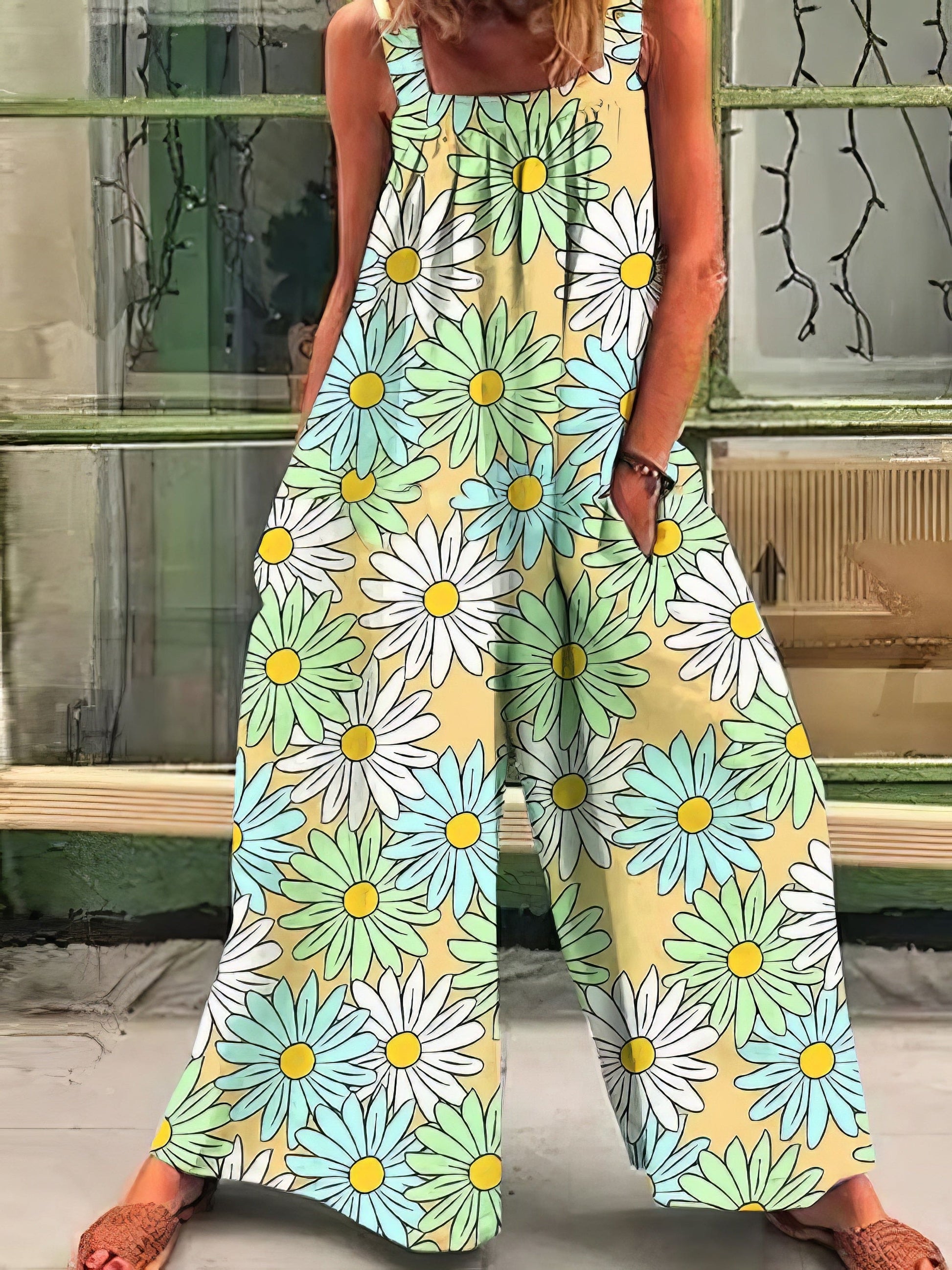 Fashion Printed Loose Strap Wide-Leg Jumpsuits