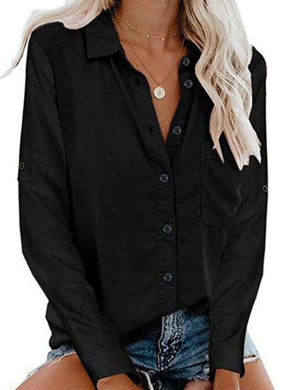 Women's Shirt Blouse Black White Wine Plain Long Sleeve Work Daily Basic Business Elegant Shirt Collar Regular Cotton Loose Fit S - LuckyFash™