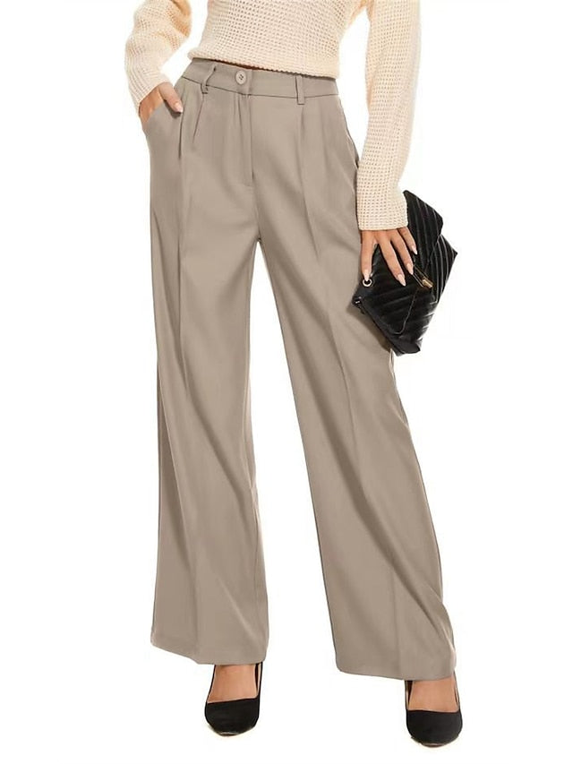 Women's Dress Pants Polyester Solid Color Light Blue Ivory white Elegant High Waist Full Length Office Street Fall Winter