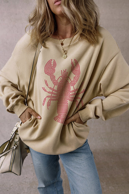 Parchment Rhinestone Crawfish Graphic Crewneck Oversized Sweatshirt