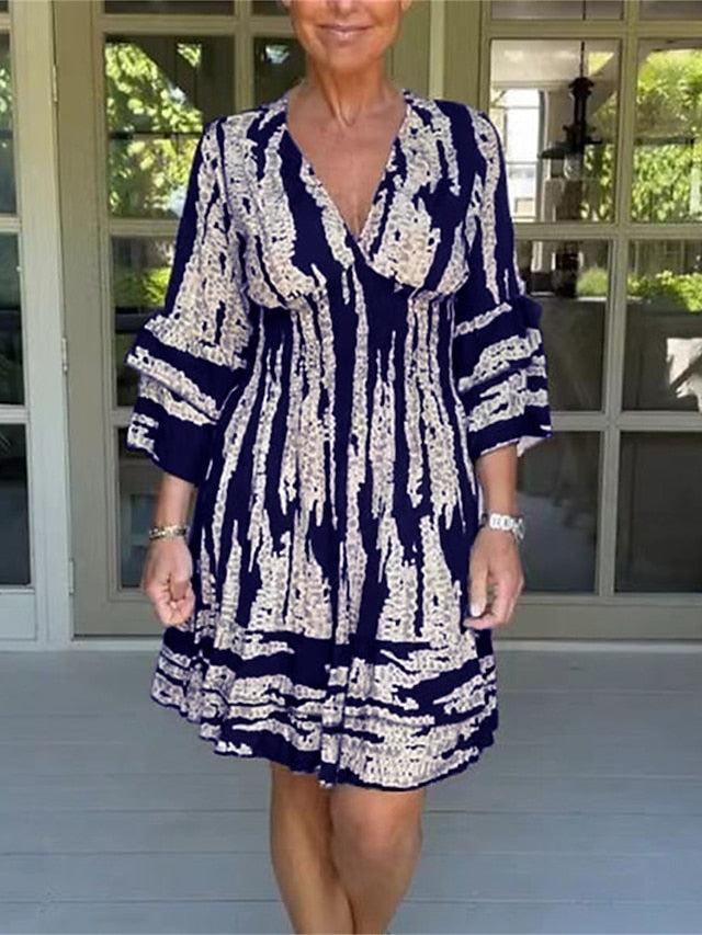 Women's Ruffle Print V Neck Flared Sleeve Midi Dress Daily Vacation 3/4 Length Sleeve Summer Spring