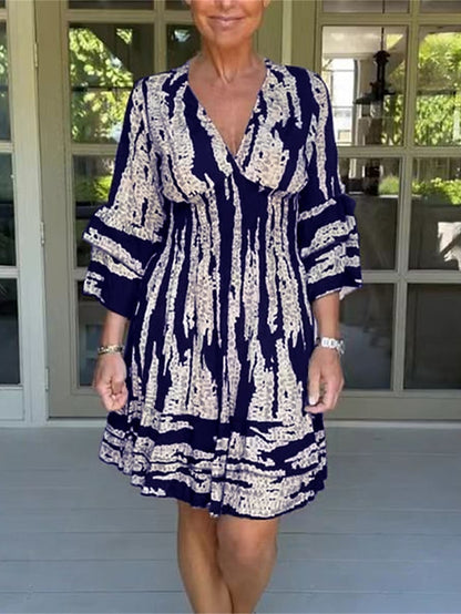 Women's Ruffle Print V Neck Flared Sleeve Midi Dress Daily Vacation 3/4 Length Sleeve Summer Spring