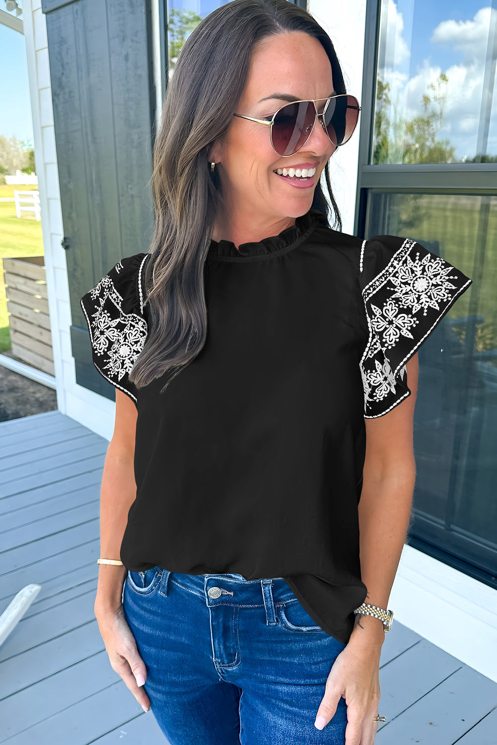 Black Embroidered Ruffled Sleeve Frilled Collar Blouse