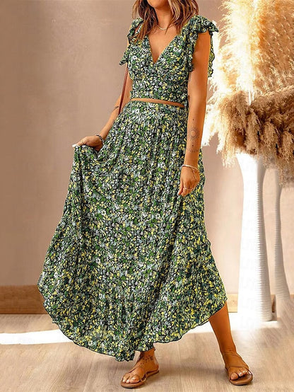 Women's Two Piece Dress Set Casual Dress Skirt Set Floral Dress Holiday Vacation Bohemia Vintage Ruffle Print Long Dress Maxi Dress V Neck Sleeveless Floral Regular Fit Blue Green Rainbow Summer S M