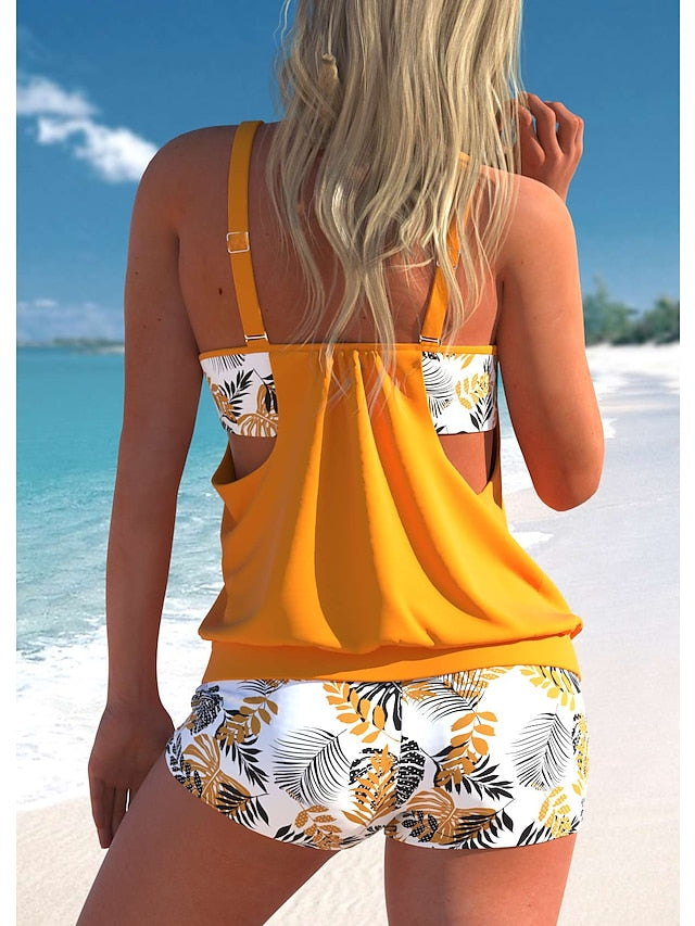 Women's Swimwear Tankini 2 Piece Plus Size Swimsuit 2 Piece Printing Leopard Floral Light Blue Black Navy Blue Blue Orange Tank Top High Neck Bathing Suits Sports Summer - LuckyFash™