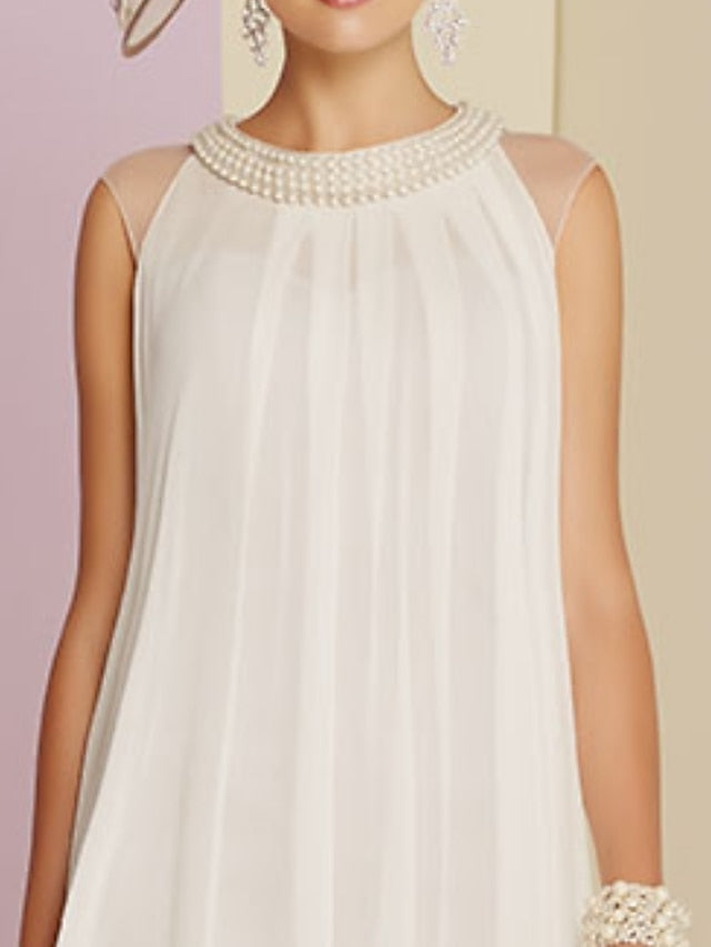 Sheath / Column Mother of the Bride Dress Wedding Guest Elegant Jewel Neck Knee Length Chiffon Sleeveless with Pleats Beading 2023 - LuckyFash™