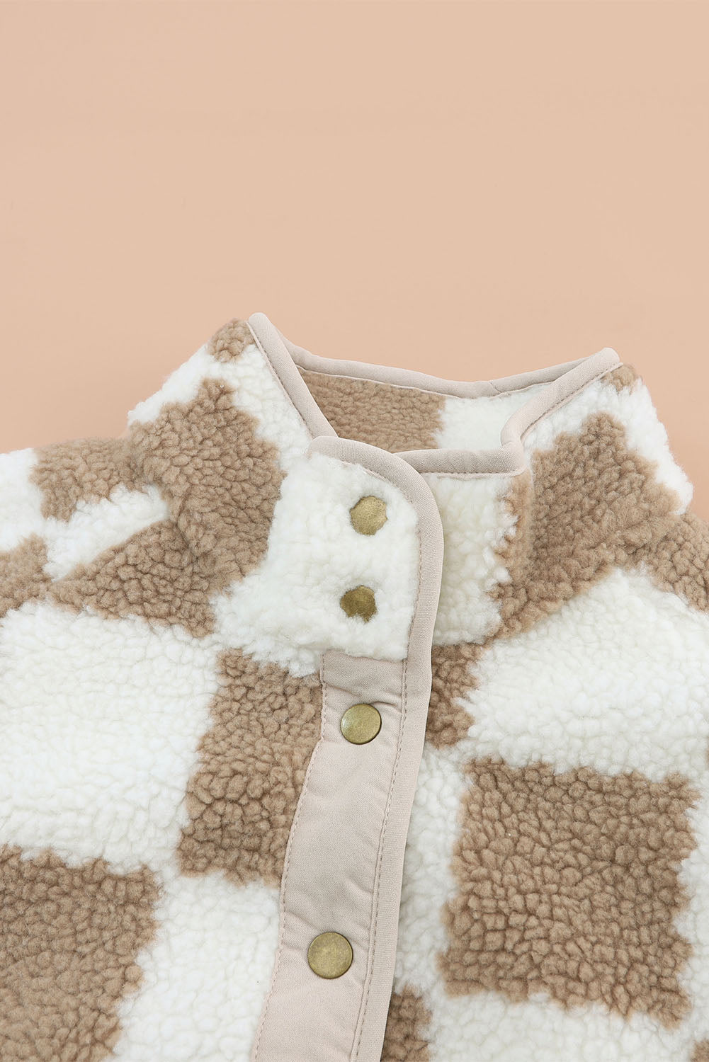 Brown Checked Snap Button Sherpa Jacket